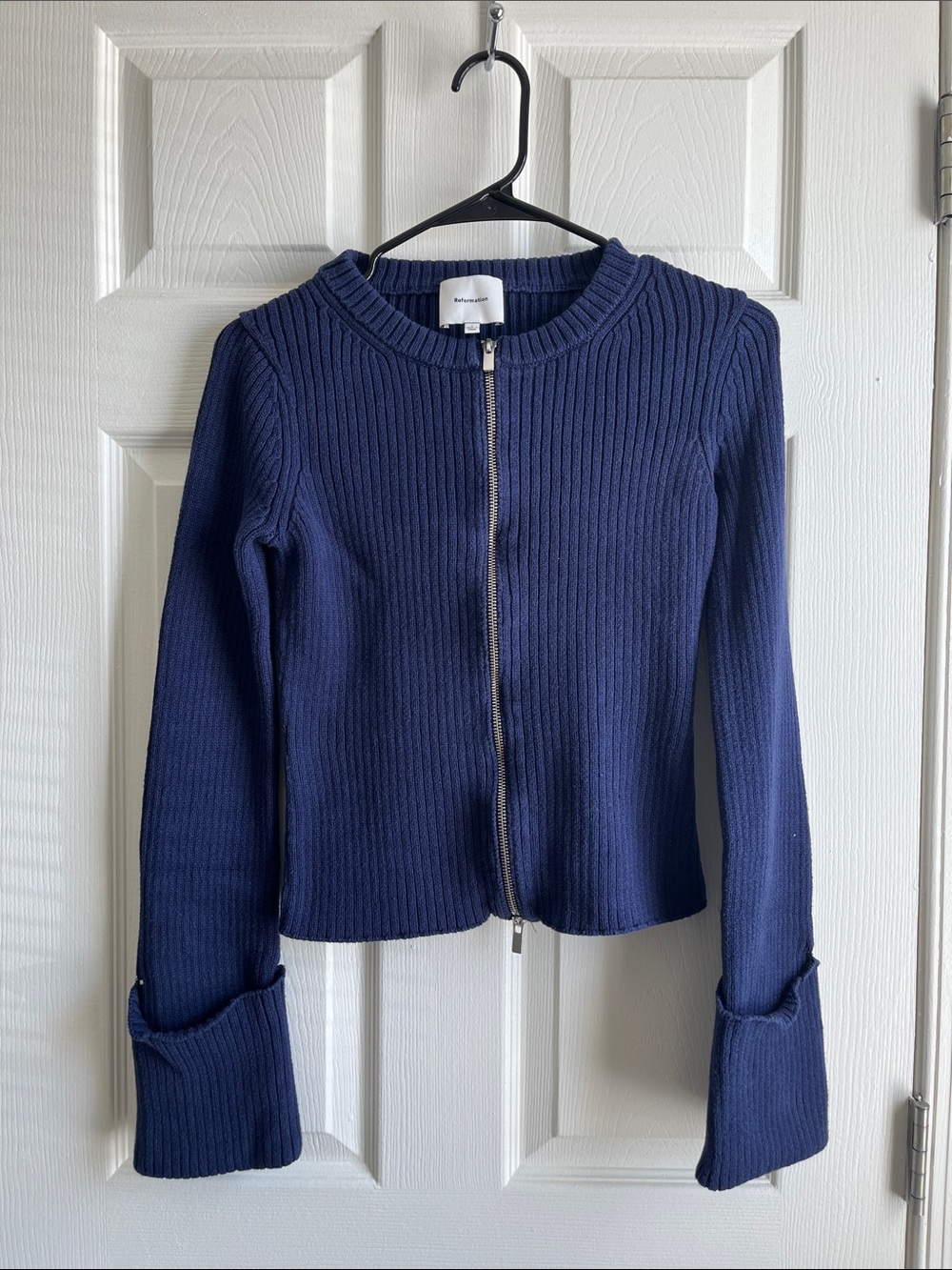 Reformation Navy Ribbed Zip-Front Cardigan